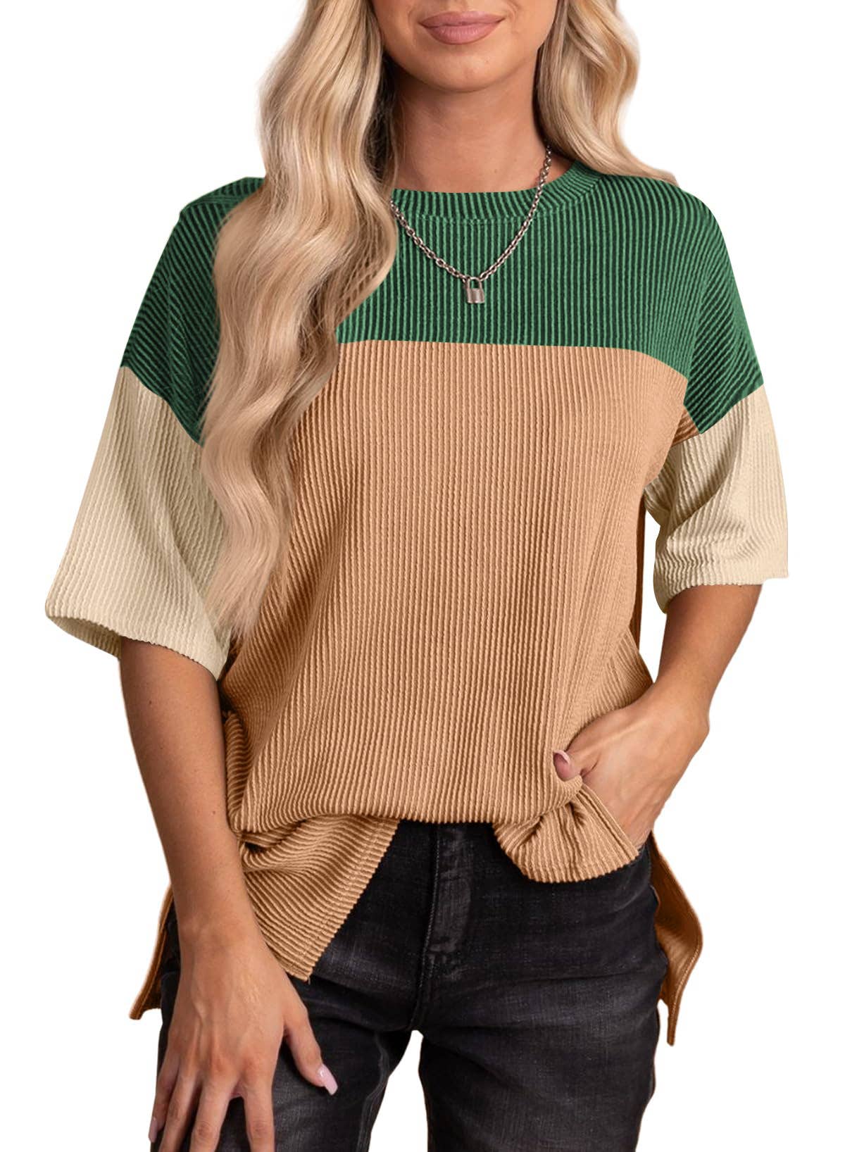 Crewneck Wavy Jacquard Colour-Block T-Shirt