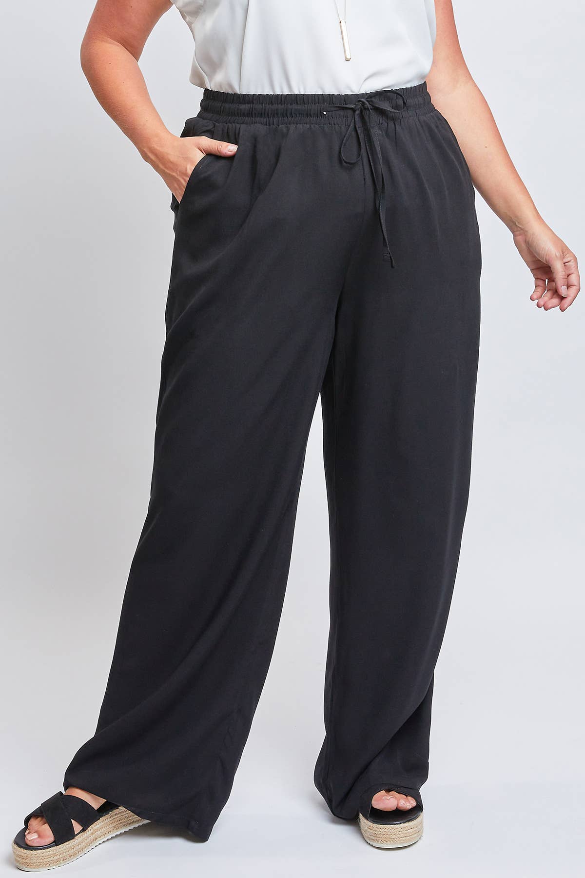Drawstring Wide Straight Pant : Black | Plus Size