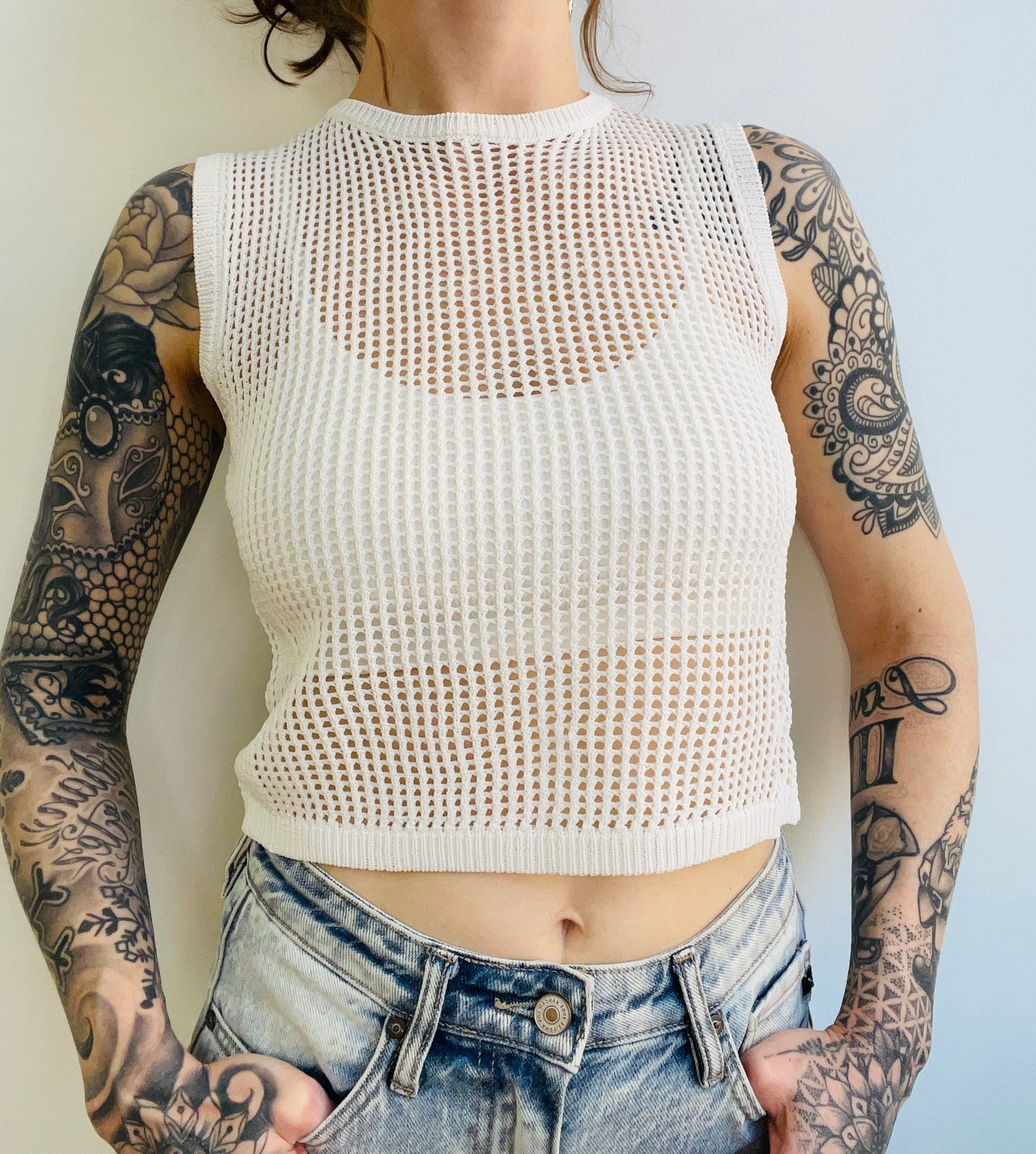 Crochet Knitted Sleeveless Top : Cream