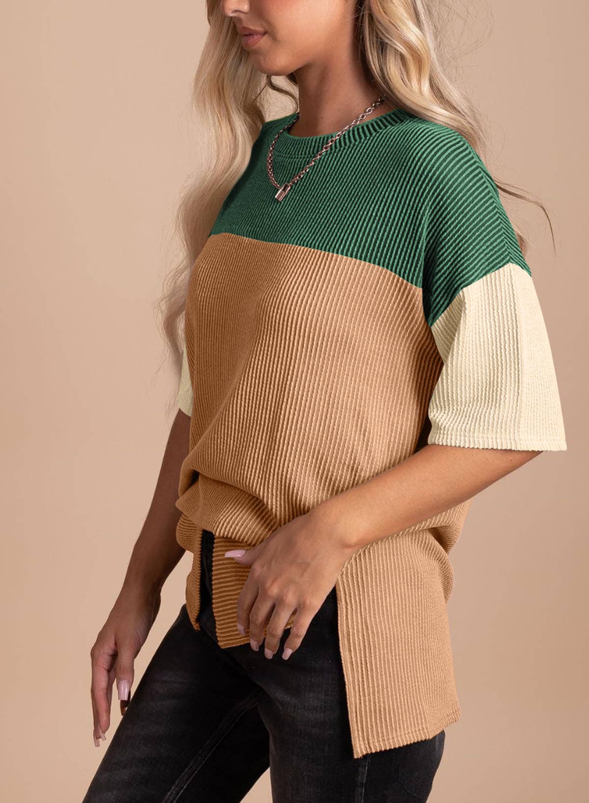 Crewneck Wavy Jacquard Colour-Block T-Shirt