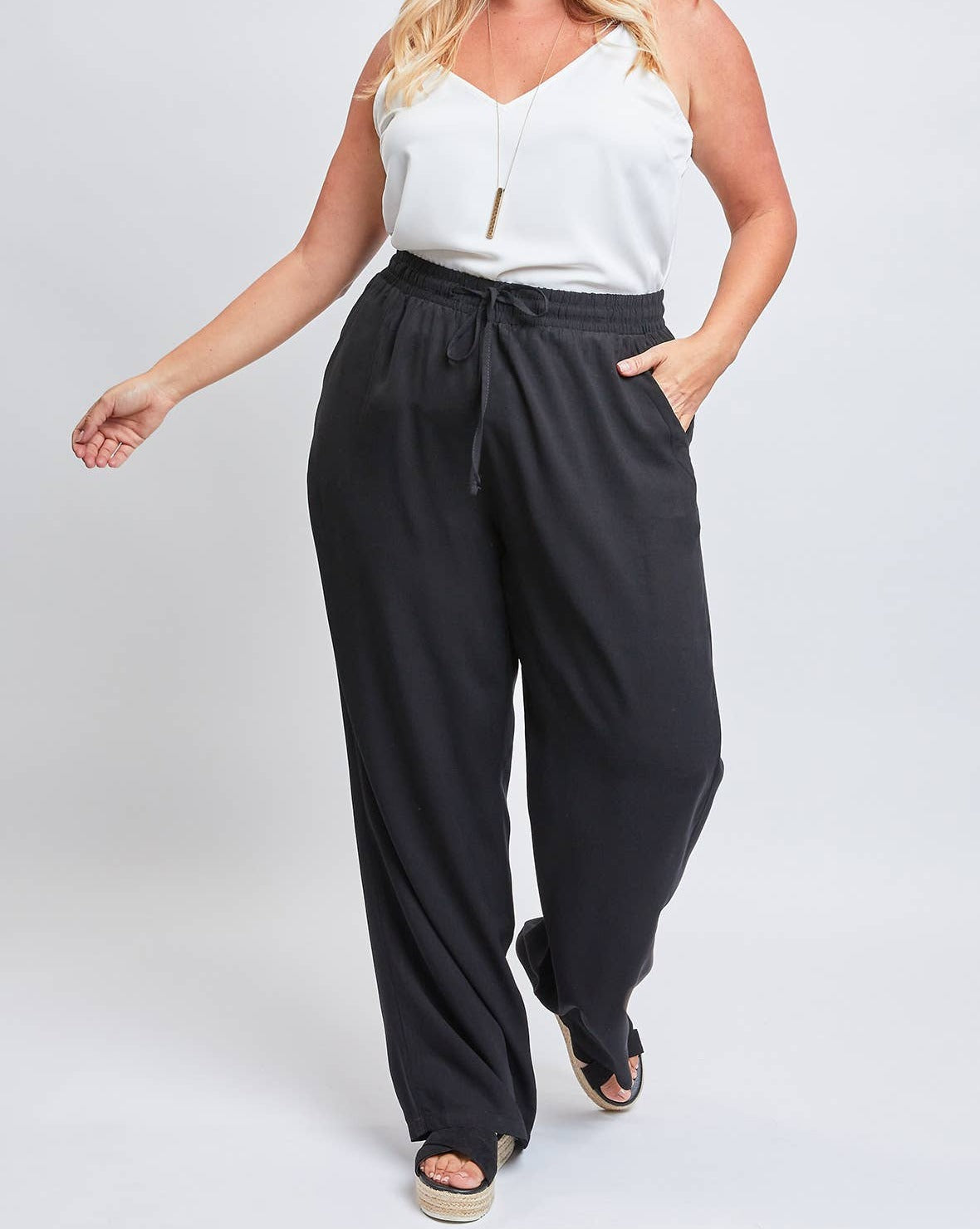 Drawstring Wide Straight Pant : Black | Plus Size